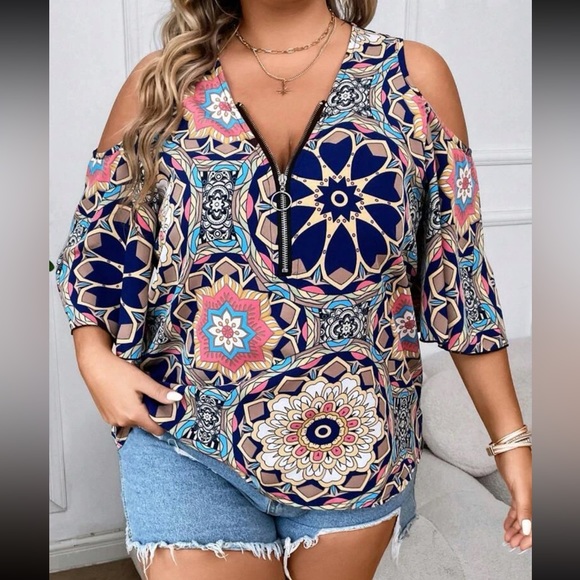 Boho mandala print half zip cold shoulder blouse - Picture 7 of 7